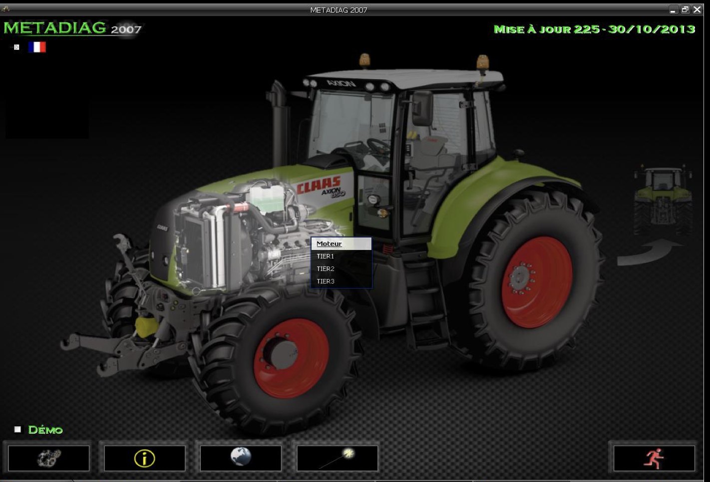 Logiciel de banc de test MetaDiag — synoptique moteur d'un tracteur Claas Axion